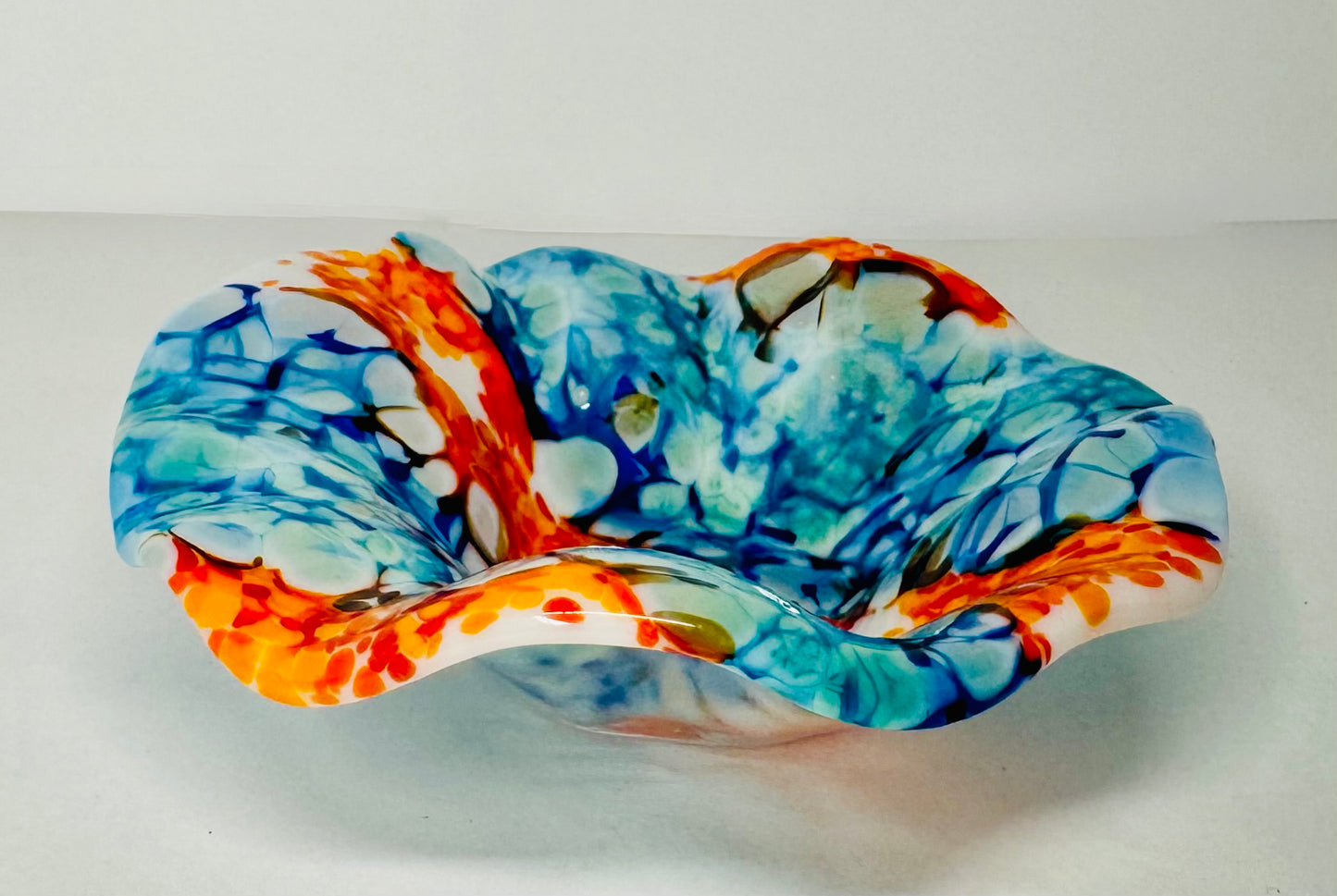 “Caldera" Frit Flow - Orange and Blue Decorative Bowl - Fused Glass Art