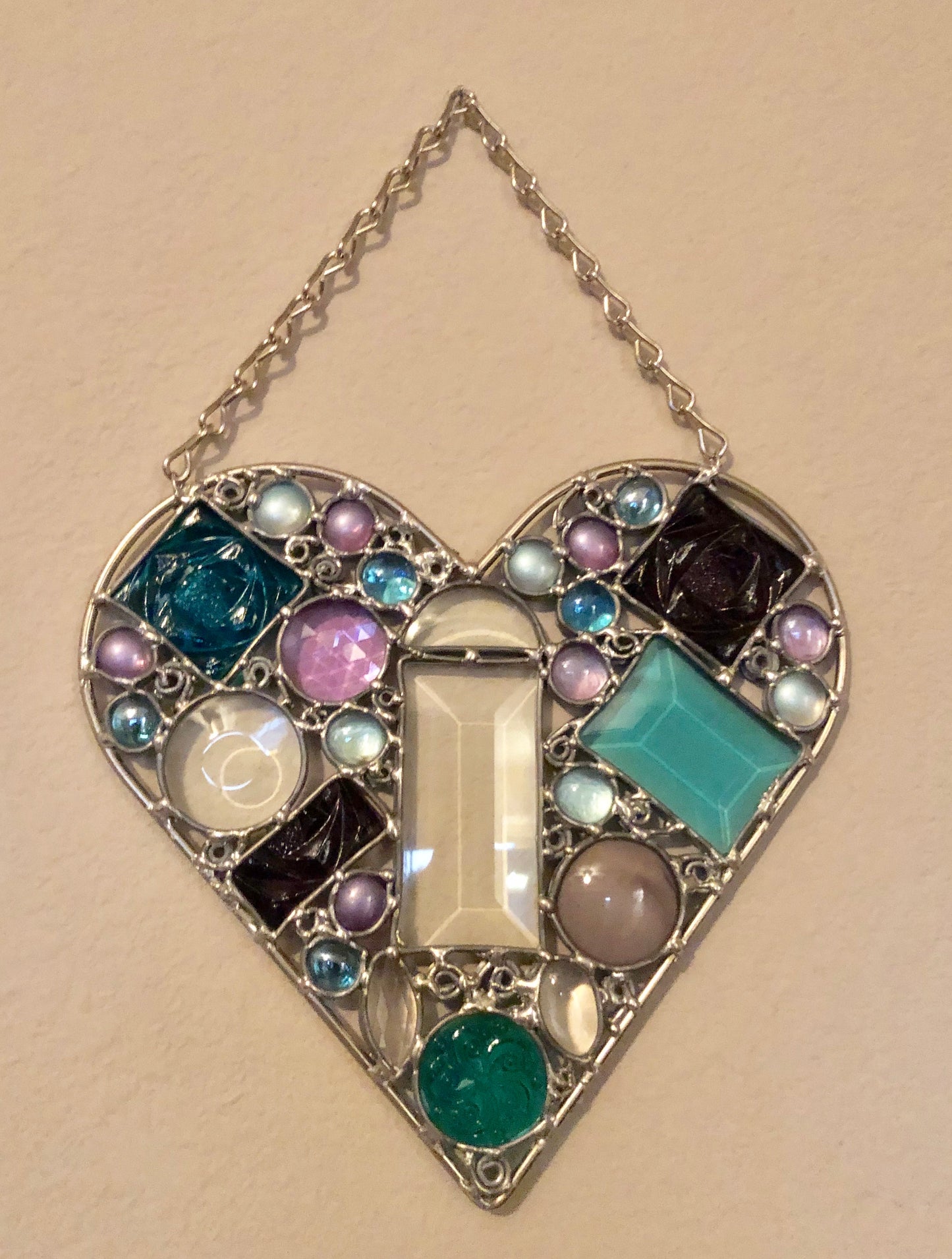 Heart Abstract in Teal, Turquoise & Purple - Stained Glass Leaded Mosaic