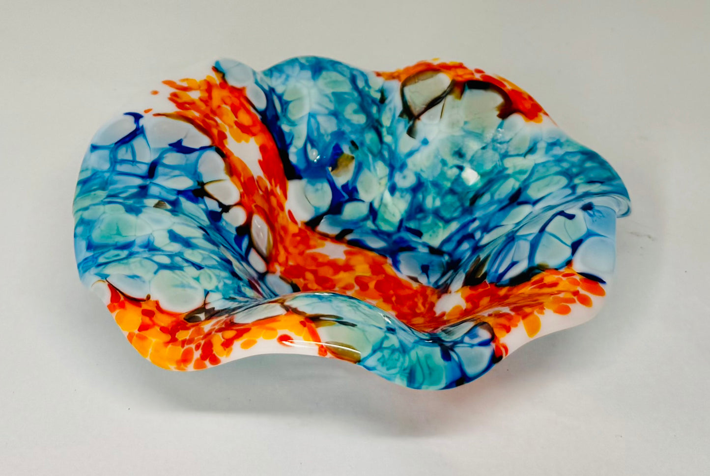 “Caldera" Frit Flow - Orange and Blue  Decorative Bowl - Fused Glass Art